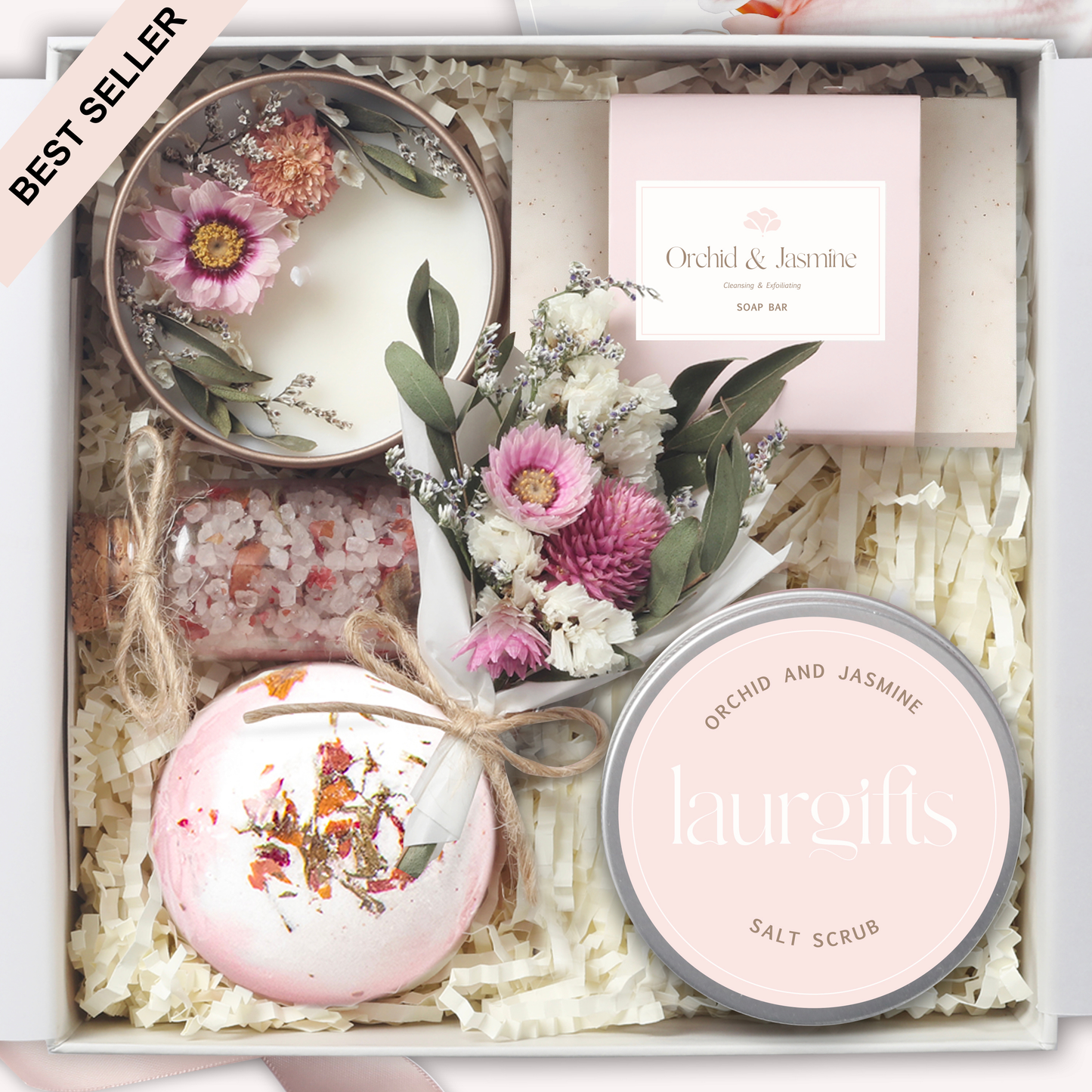Mother’s Day spa gift box with orchid and jasmine candle, soap, bath bomb, bath salt, scrub, and mini dried flowers