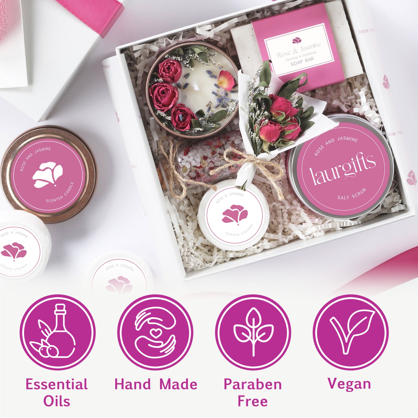 Gift set with candles and bath bombs from Lauragifts on a white background