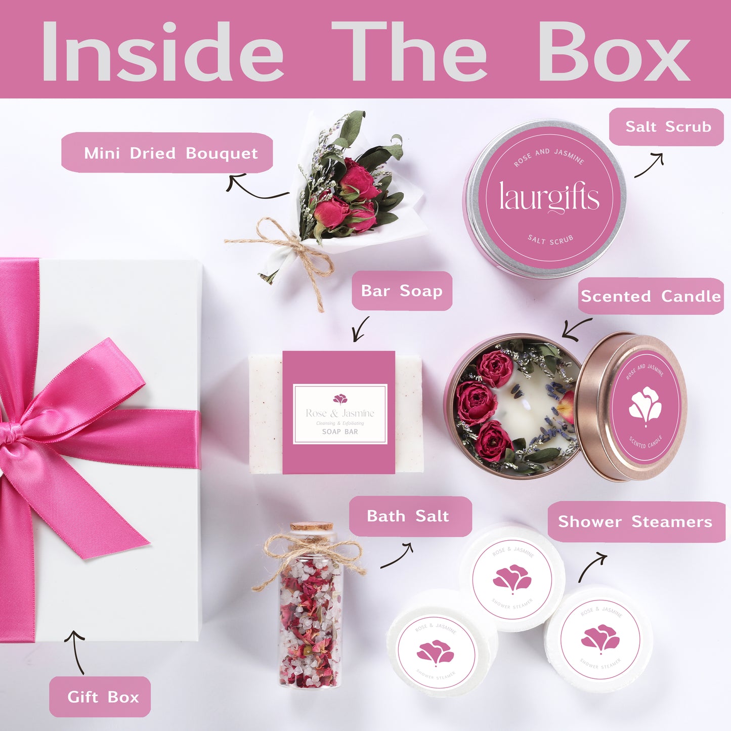Collection of Laurigifts products including a mini dried bouquet, salt scrub, bar soap, scented candle, bath salt, shower steamers, and gift box on a white background.