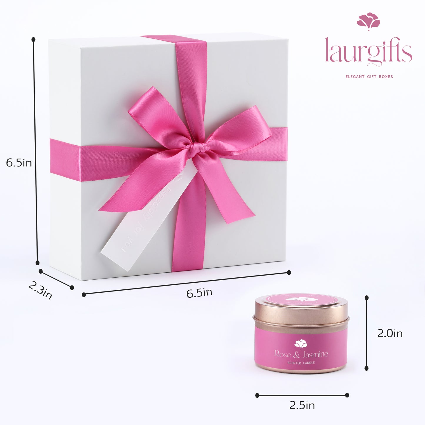 White gift box with pink ribbon and dimensions, accompanied by a pink candle labeled 'Rose & Jasmine'.