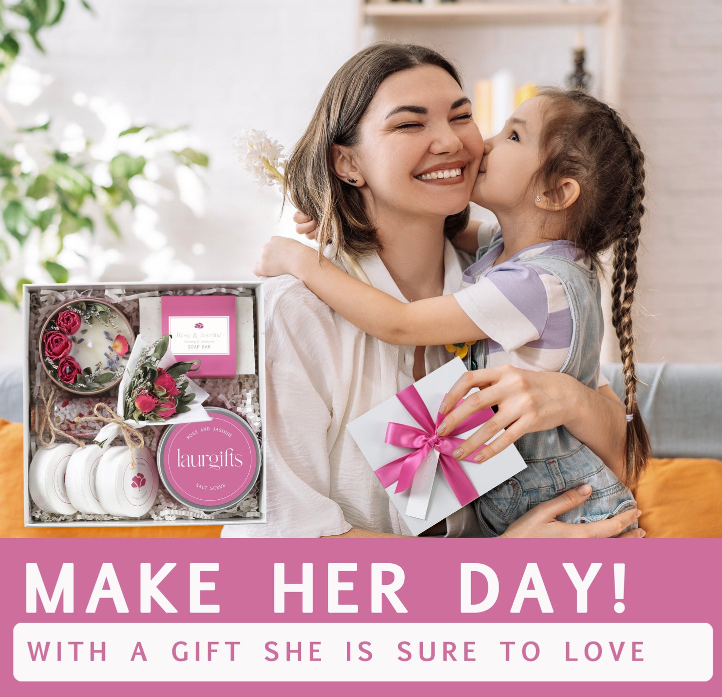 Woman holding a child and a gift box with the text 'Make her day! With a gift she is sure to love'.