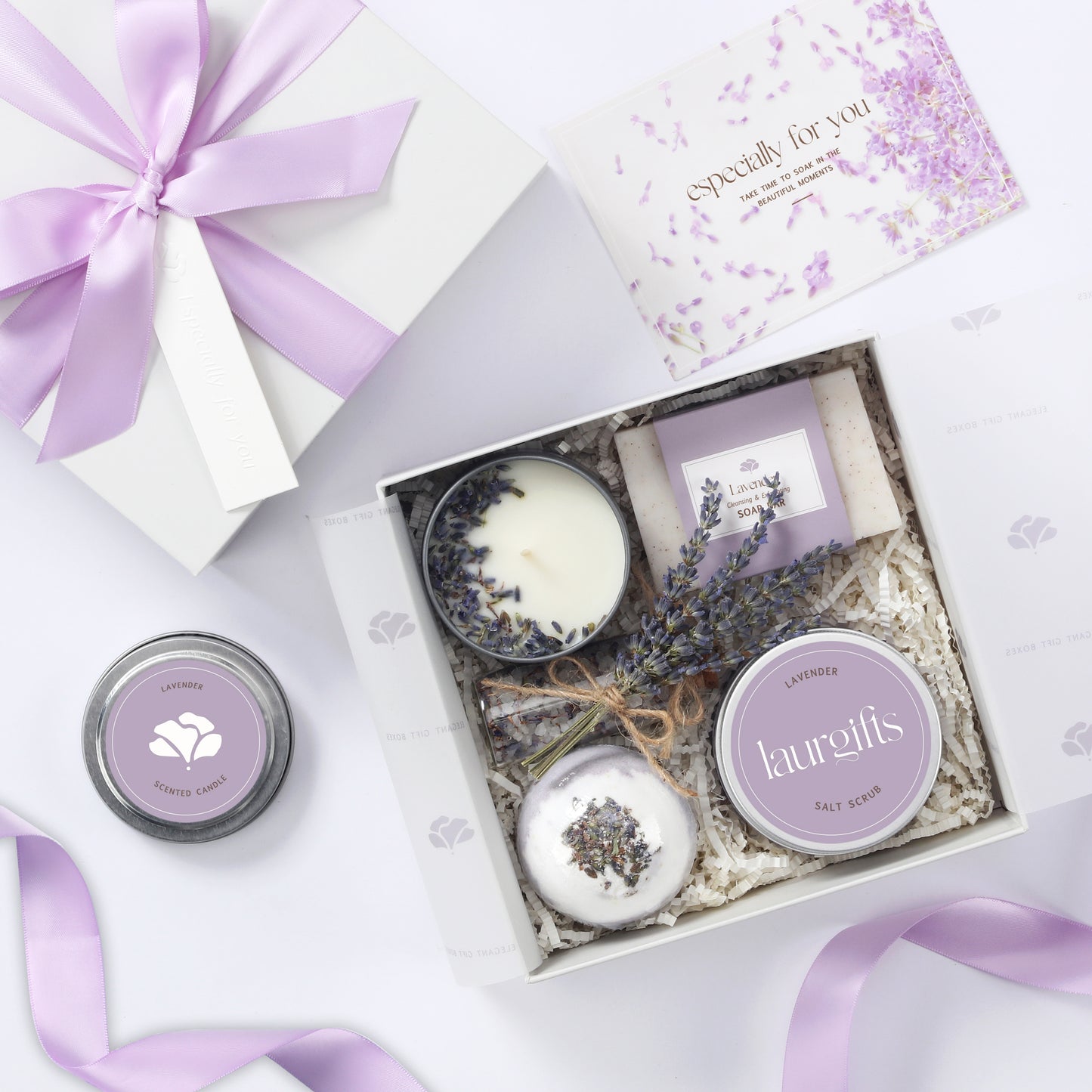 Beautifully styled lavender spa gift box with dried flowers and luxury packaging