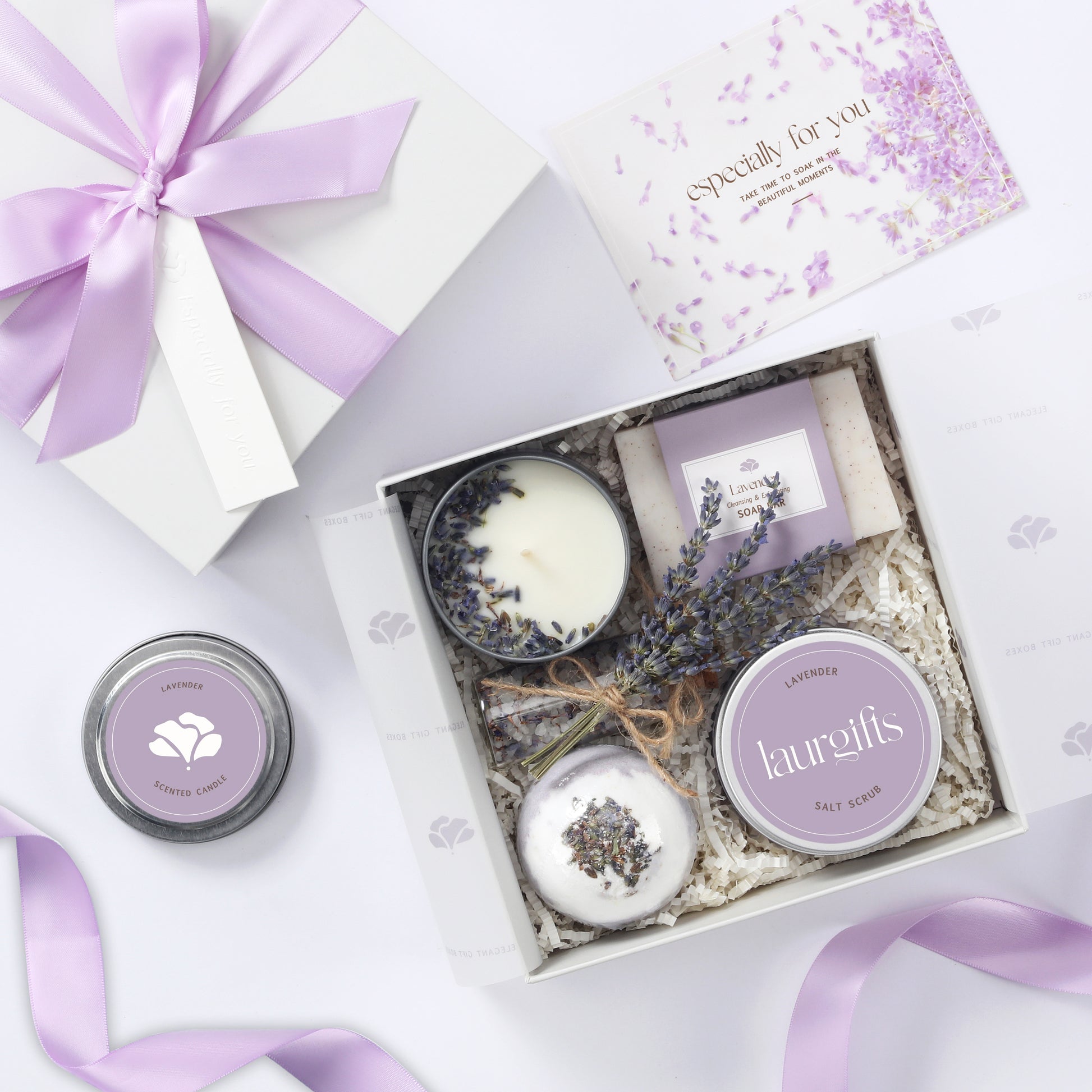 Beautifully styled lavender spa gift box with dried flowers and luxury packaging