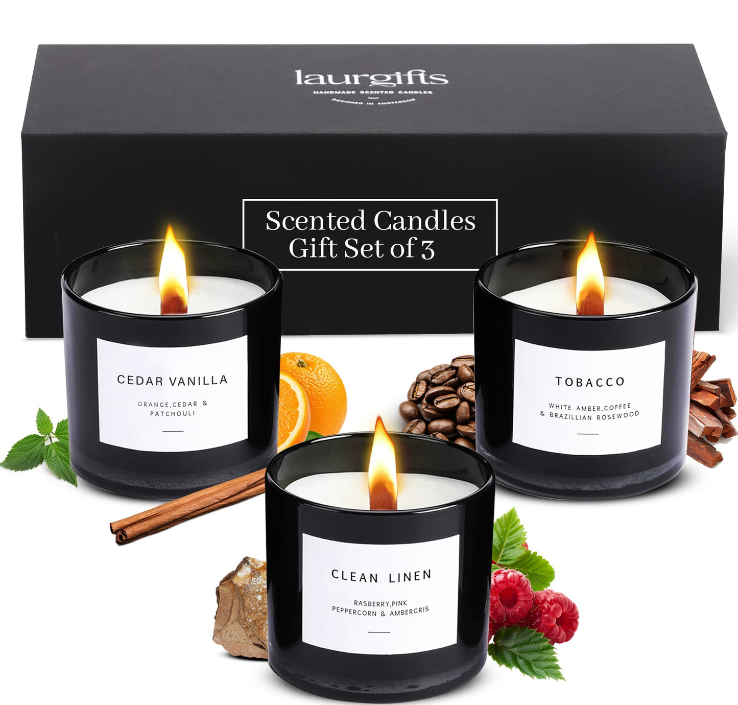 Luxury black candle gift box with three soy scented candles – gift ideas for men