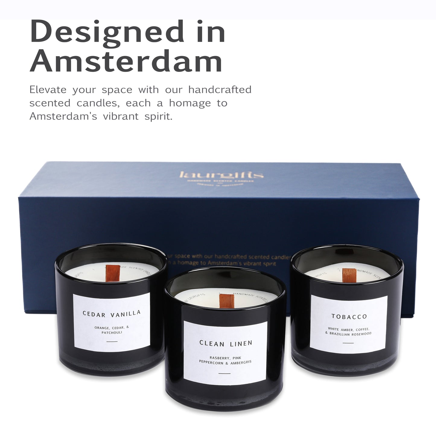 Luxury candle gift set for men with "Designed in Amsterdam" message