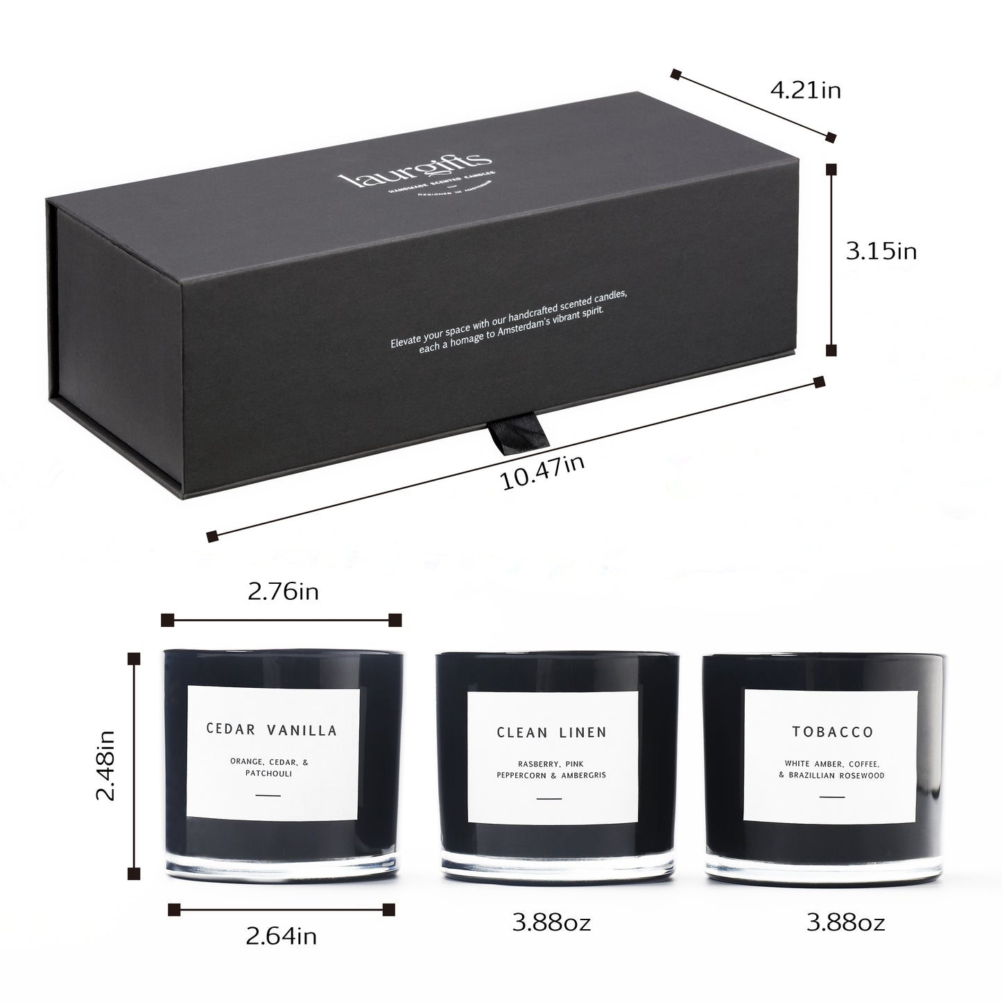 Dimensions of the candle gift box – 10.47 x 4.21 x 3.15 inches
