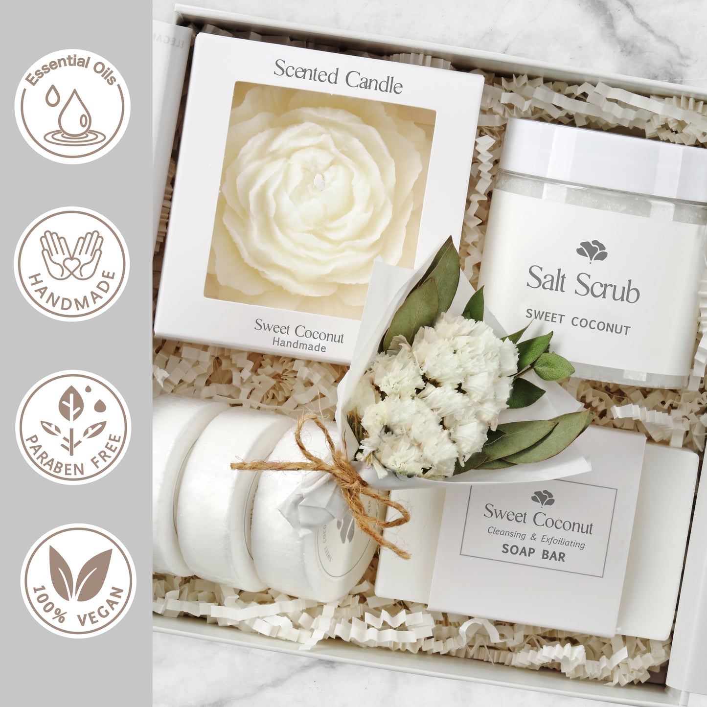 Spa gift box with vegan, handmade, paraben-free products made with essential oils
