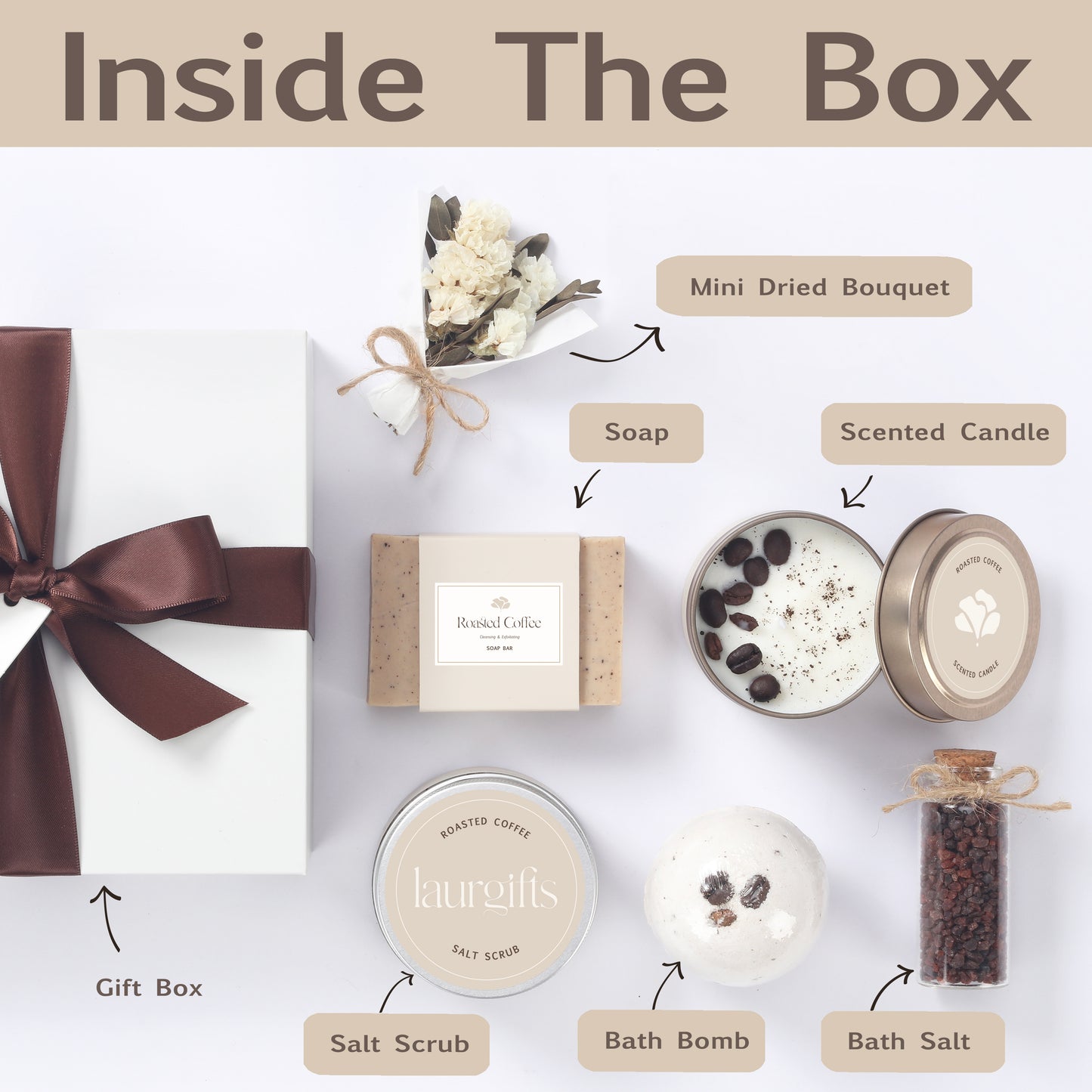 Inside the coffee spa gift box – coffee-scented bath products arranged in elegant packaging
