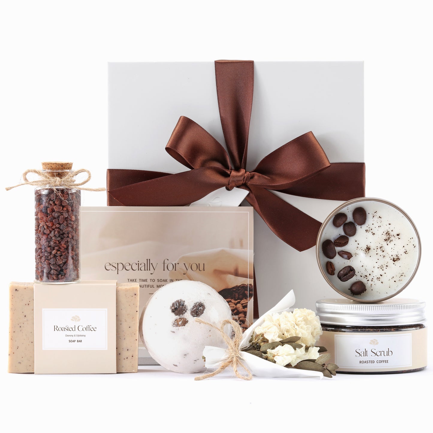 Coffee lover’s gift set with spa products displayed vertically – includes candle, soap, scrub, and bath salt