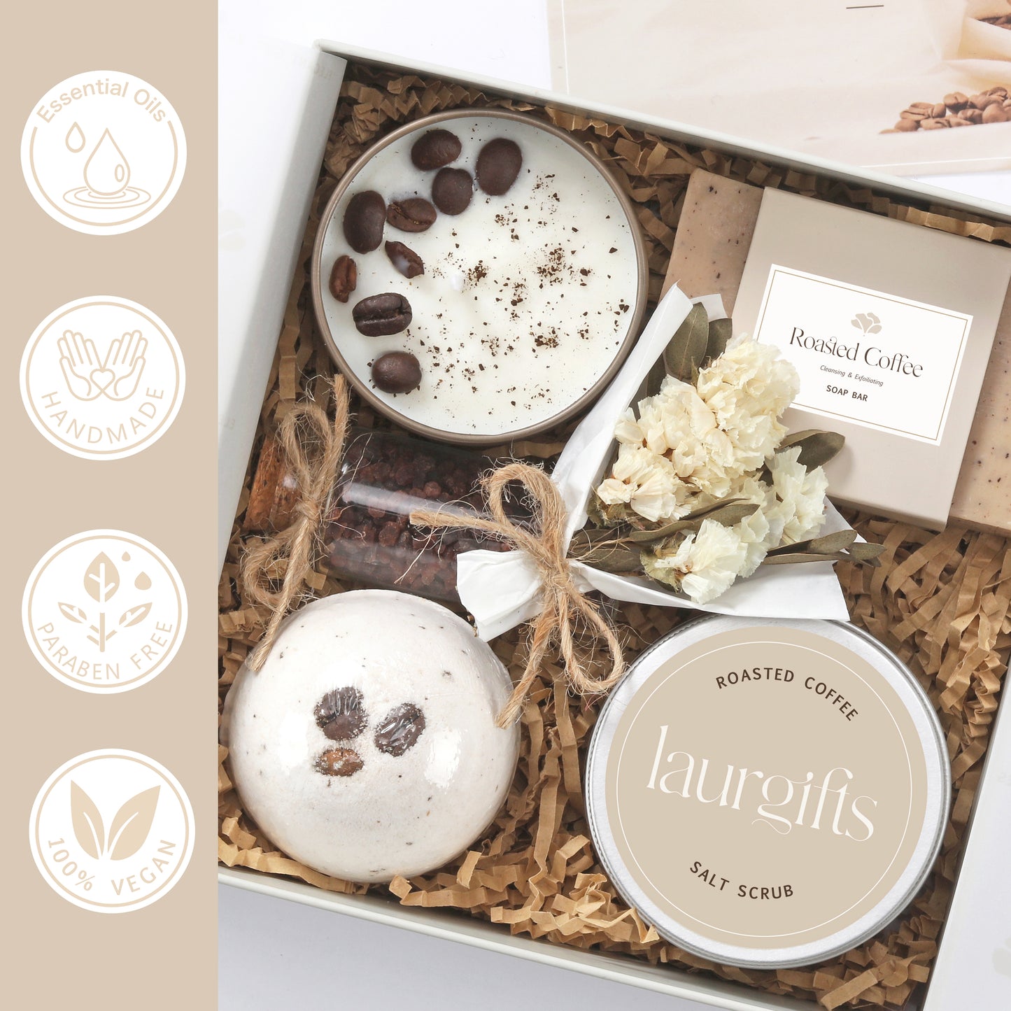 Coffee spa gift box is handmade, vegan, paraben-free, and includes essential oils