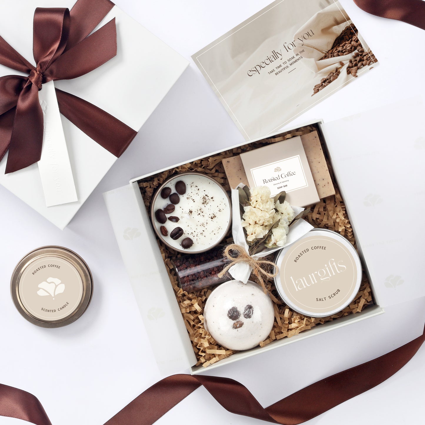 Elegant and aesthetic photo of coffee spa gift box with dried flowers and natural tones