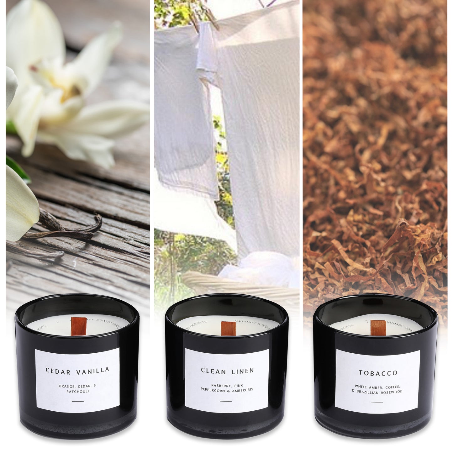 Masculine candle scents Cedar Vanilla, Clean Linen & Tobacco – gift ideas for fathers