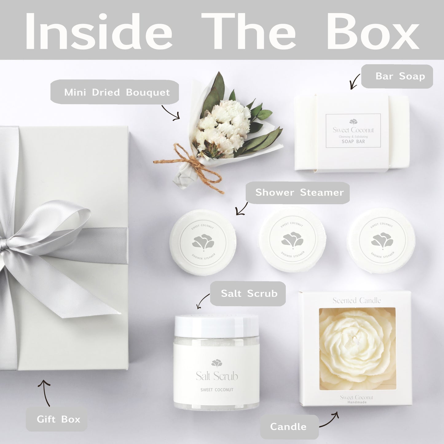 Inside view of sweet coconut bath gift box – luxury spa products neatly arranged in gift packaging