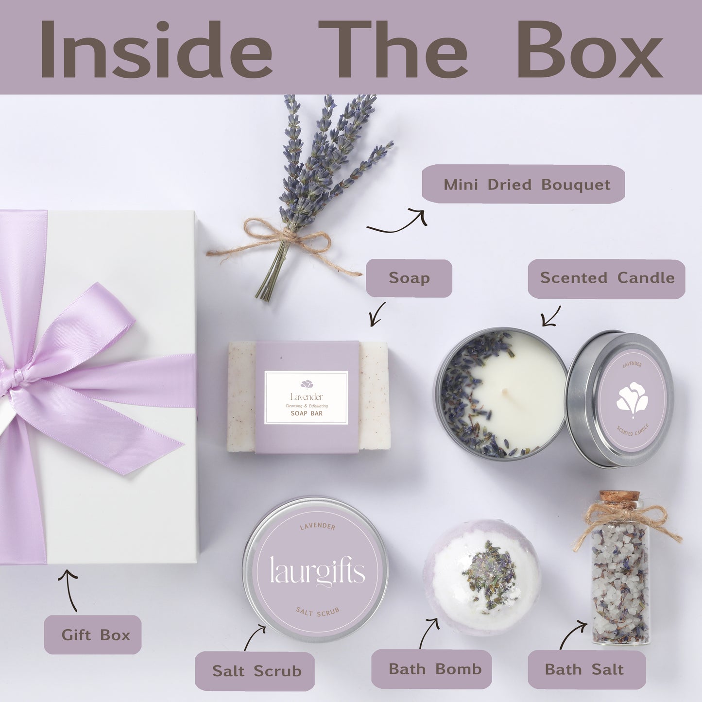 Inside view of lavender bath gift box – luxurious spa products arranged in elegant packaging