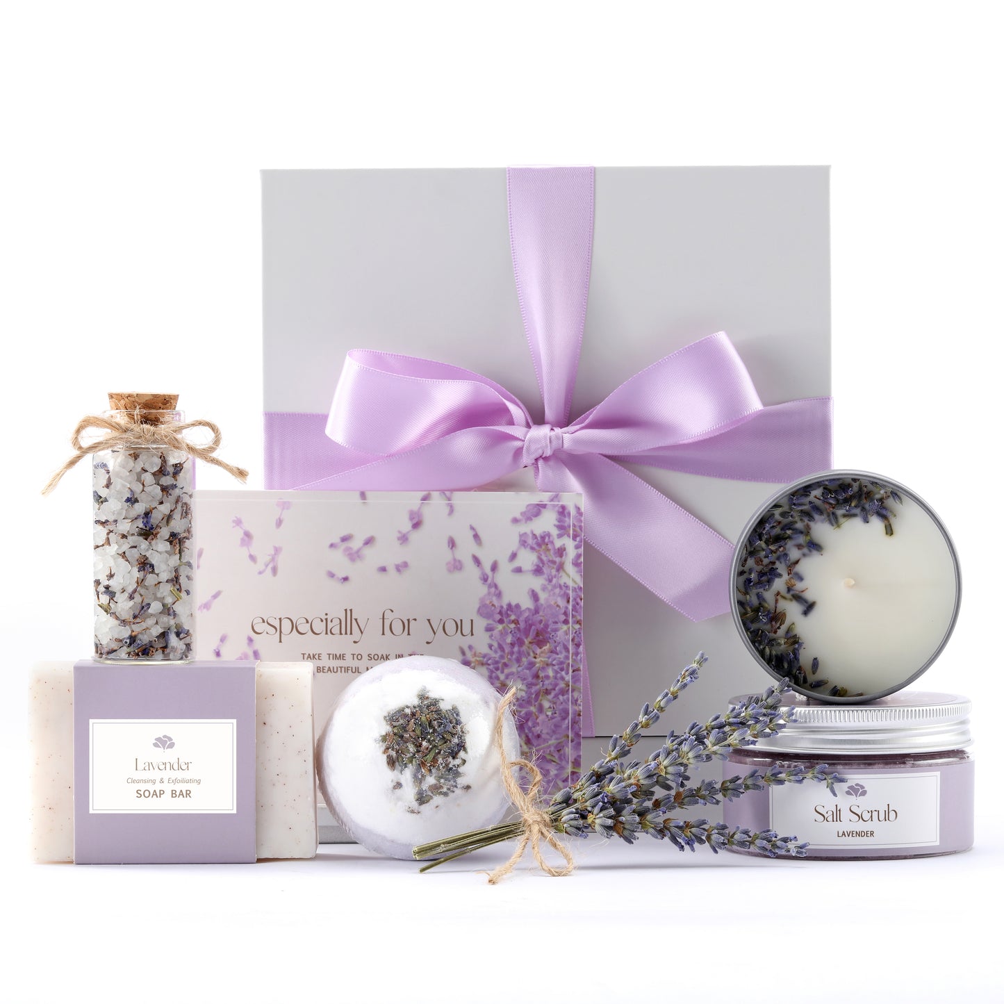 Vertical display of lavender-themed spa gift box items – perfect thank-you gift & Relaxation gift for teacher