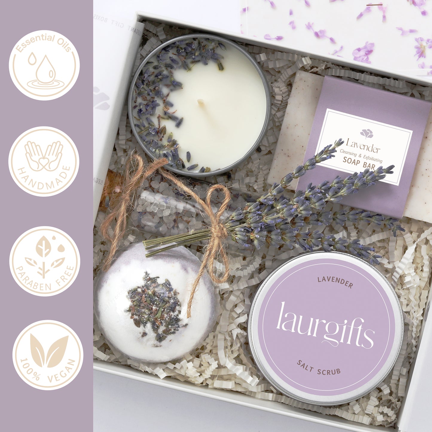 Gift box made with essential oils, vegan, handmade, and paraben-free bath products