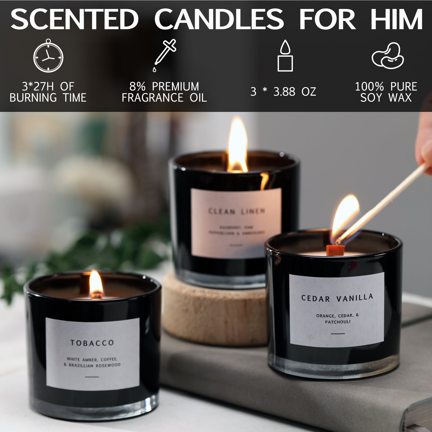 Masculine soy candles in Cedar Vanilla, Clean Linen & Tobacco – candle set for men