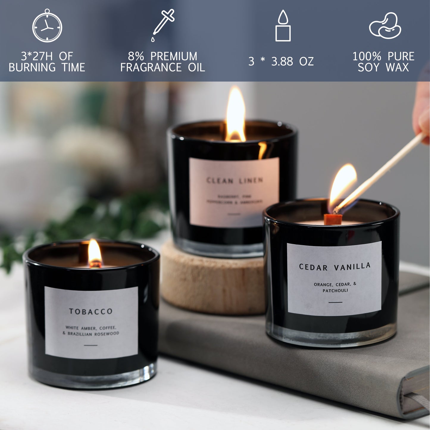Cedar Vanilla, Clean Linen, and Tobacco scented candles with soy wax features