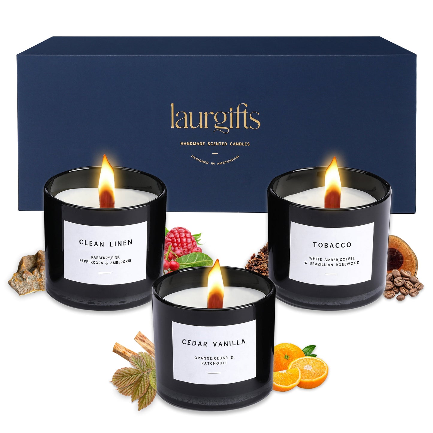 Men's luxury candle gift set with Cedar Vanilla, Clean Linen, and Tobacco scented candles in navy blue gift box