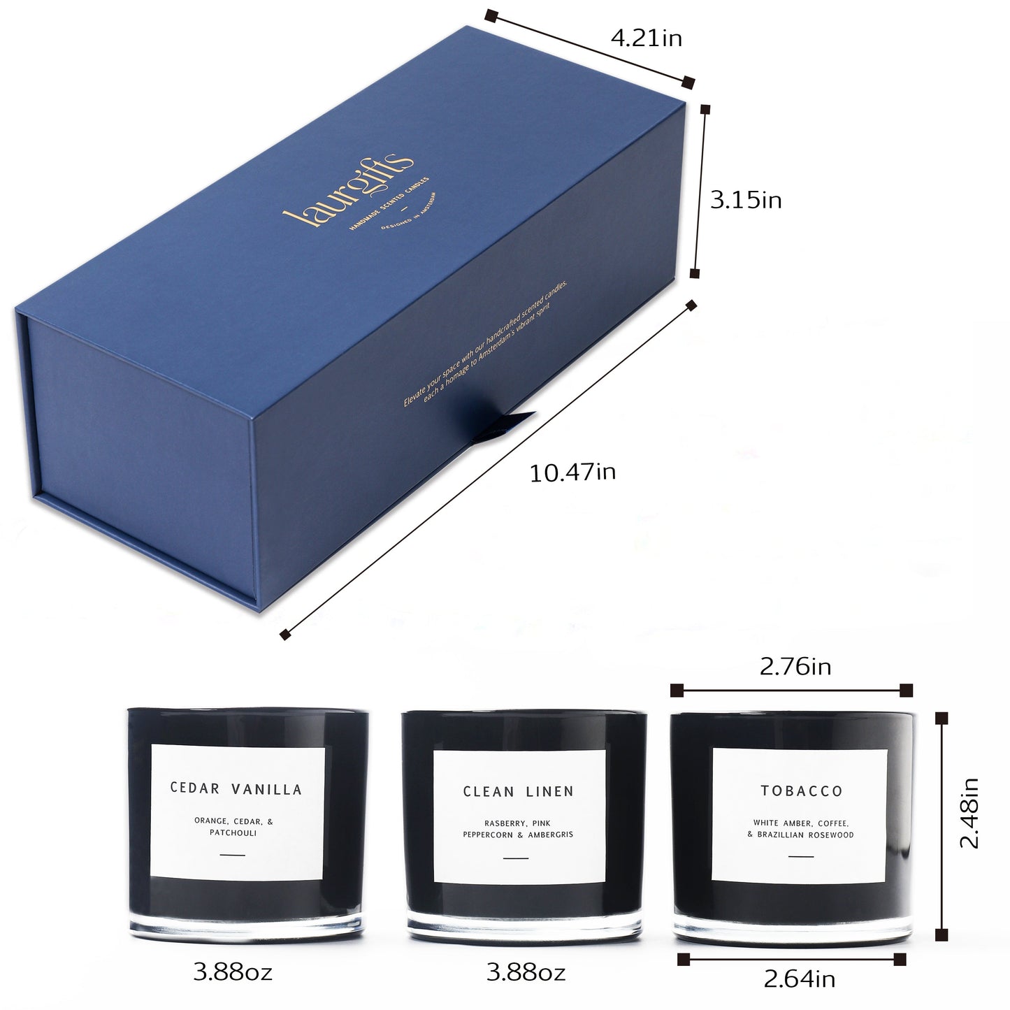 Men’s navy candle gift set with three candles displayed beside the gift box