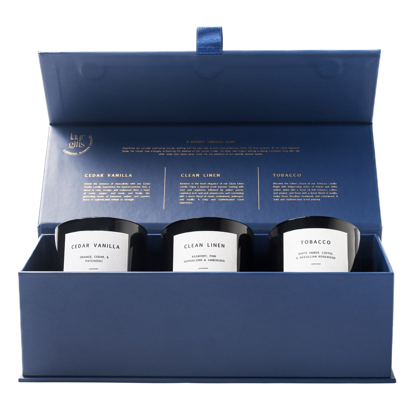 Open view of luxury men’s candle gift set with three scented candles in velvet-lined box
