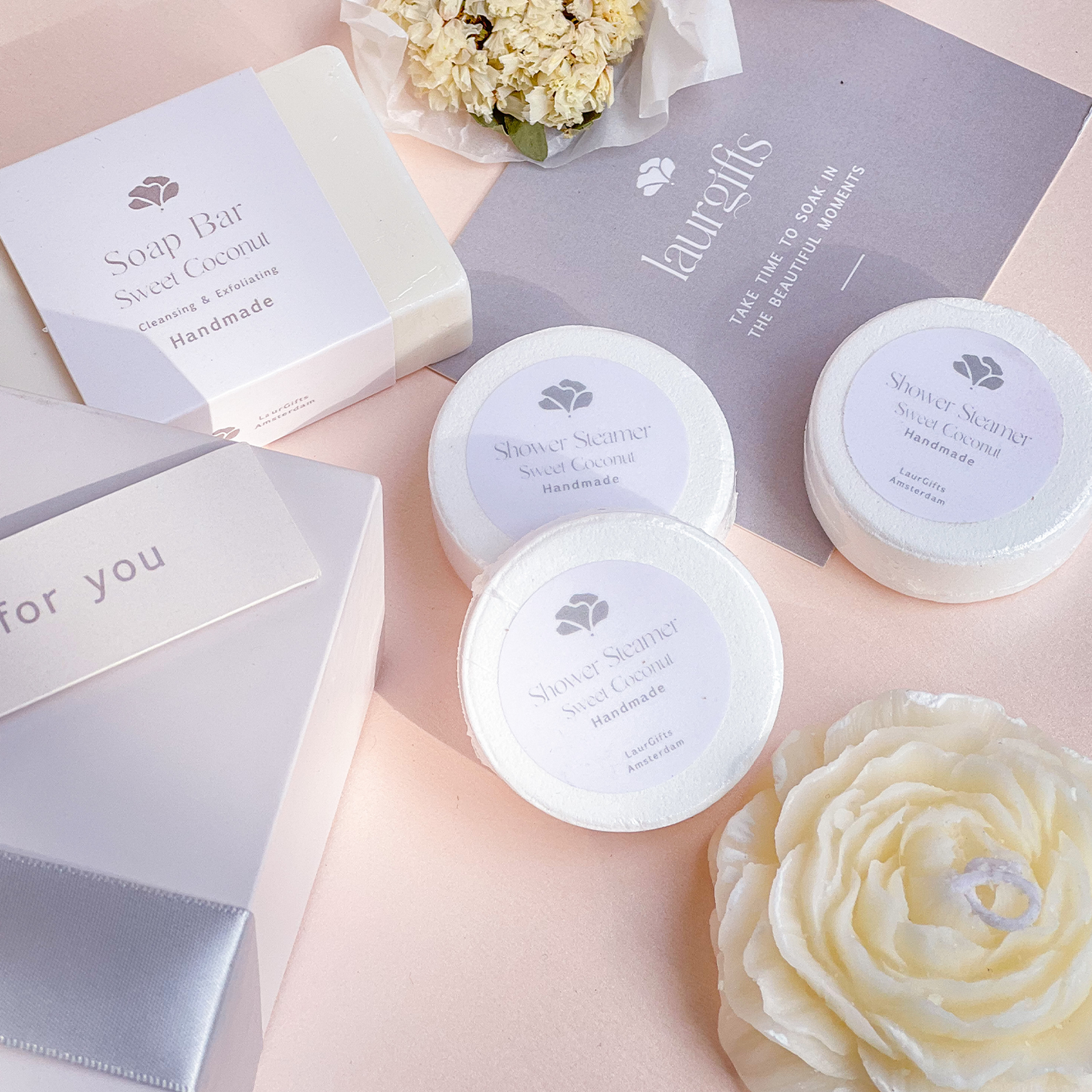 Tropical-inspired coconut spa gift set displayed with natural light and serene home decor