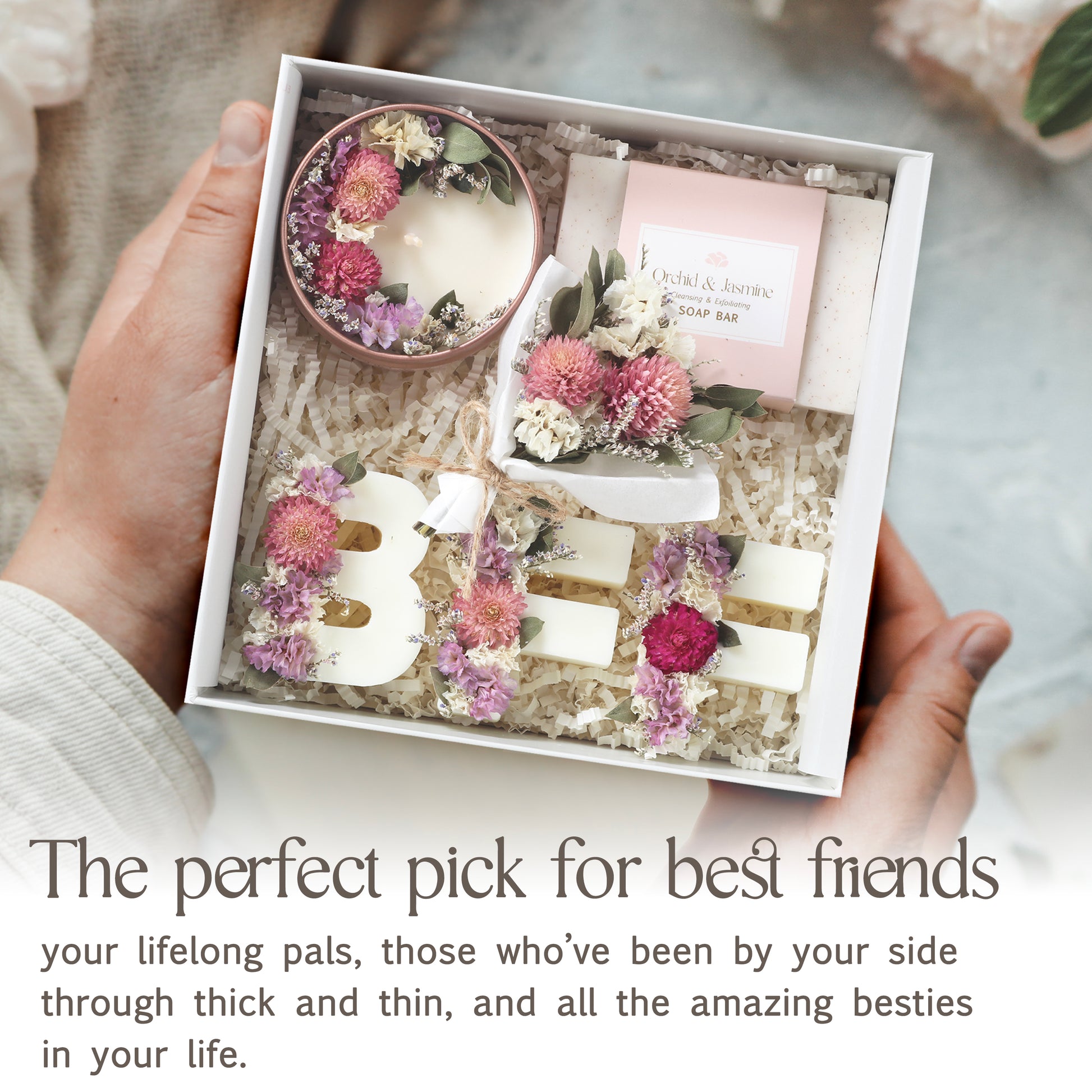 Flat lay of Orchid & Jasmine spa gift box – feminine pink floral theme