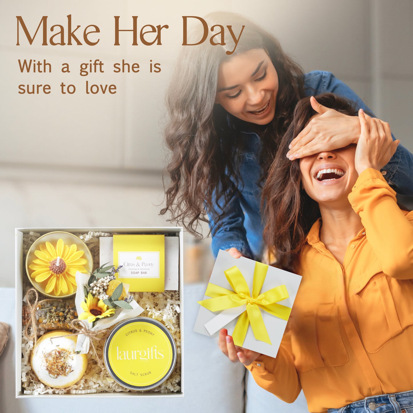 Two women with a gift set and text 'Make Her Day With a gift she is sure to love'.