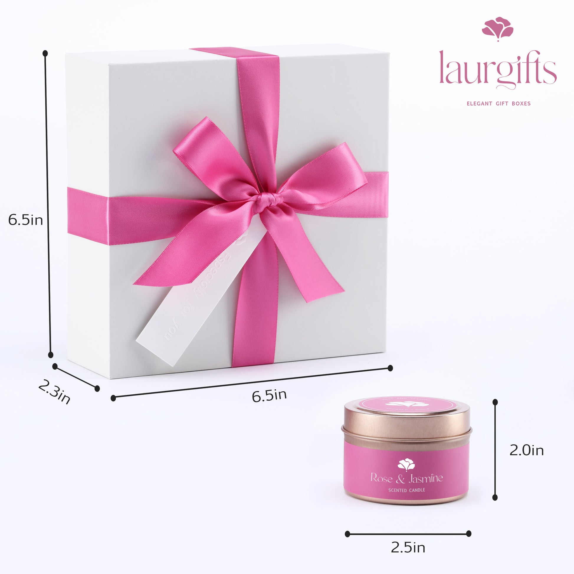 White gift box with pink ribbon and dimensions, accompanied by a pink candle labeled 'Rose & Jasmine'.
