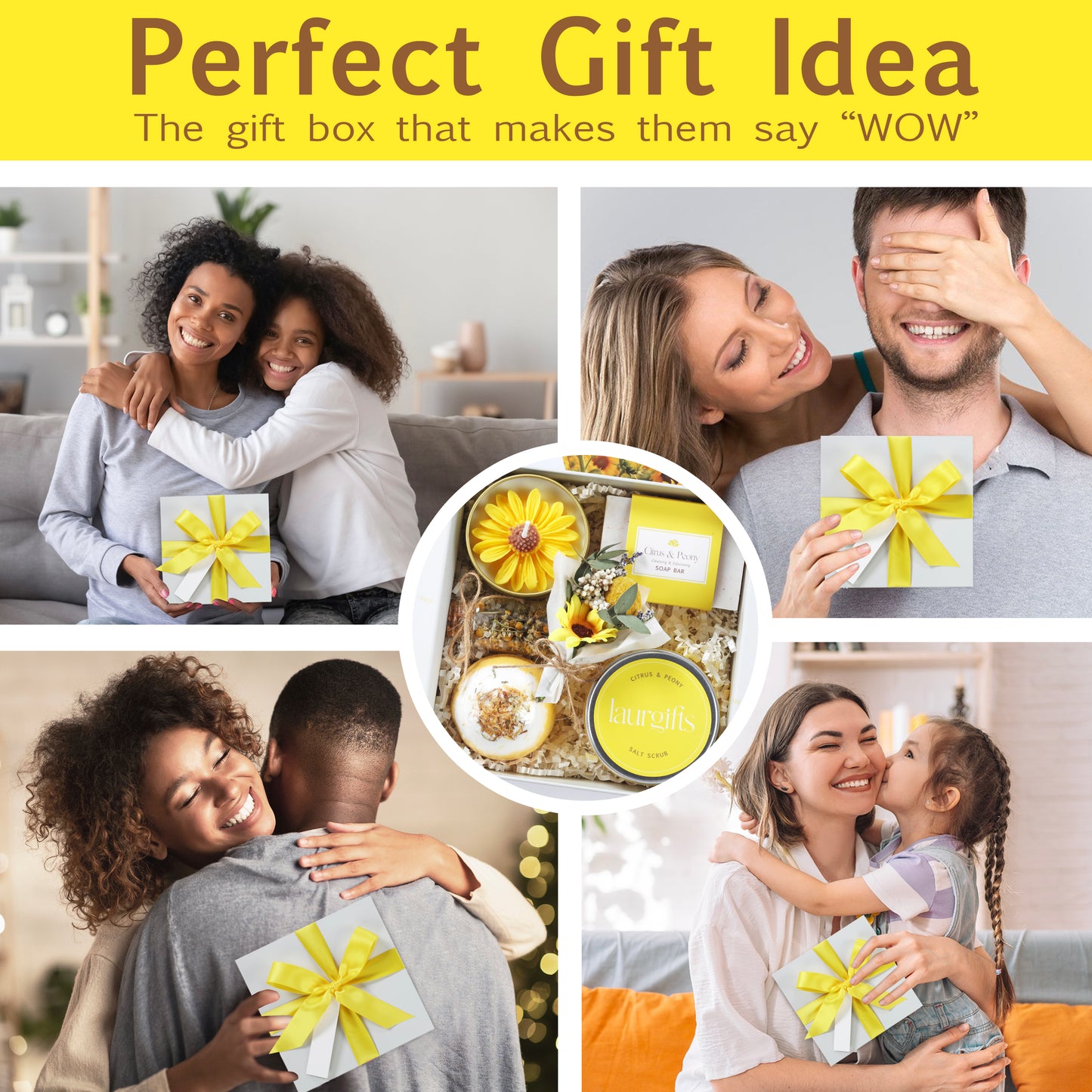 Collage of people receiving and giving gifts with a focus on a gift box with yellow ribbon.