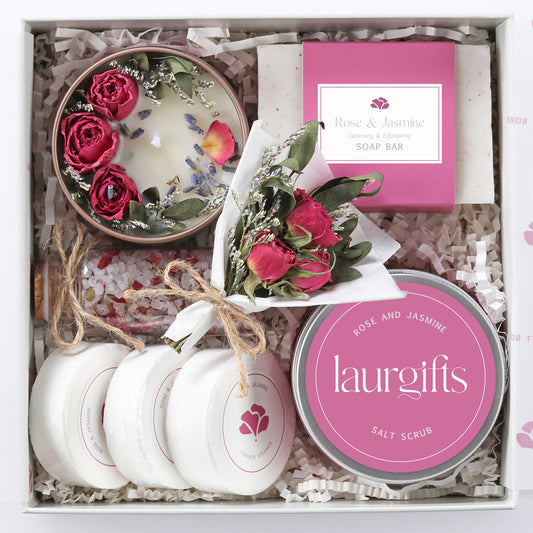 Luxury spa gift box with rose and jasmine bath essentials – best gift for a woman for birthdays or special occasions.