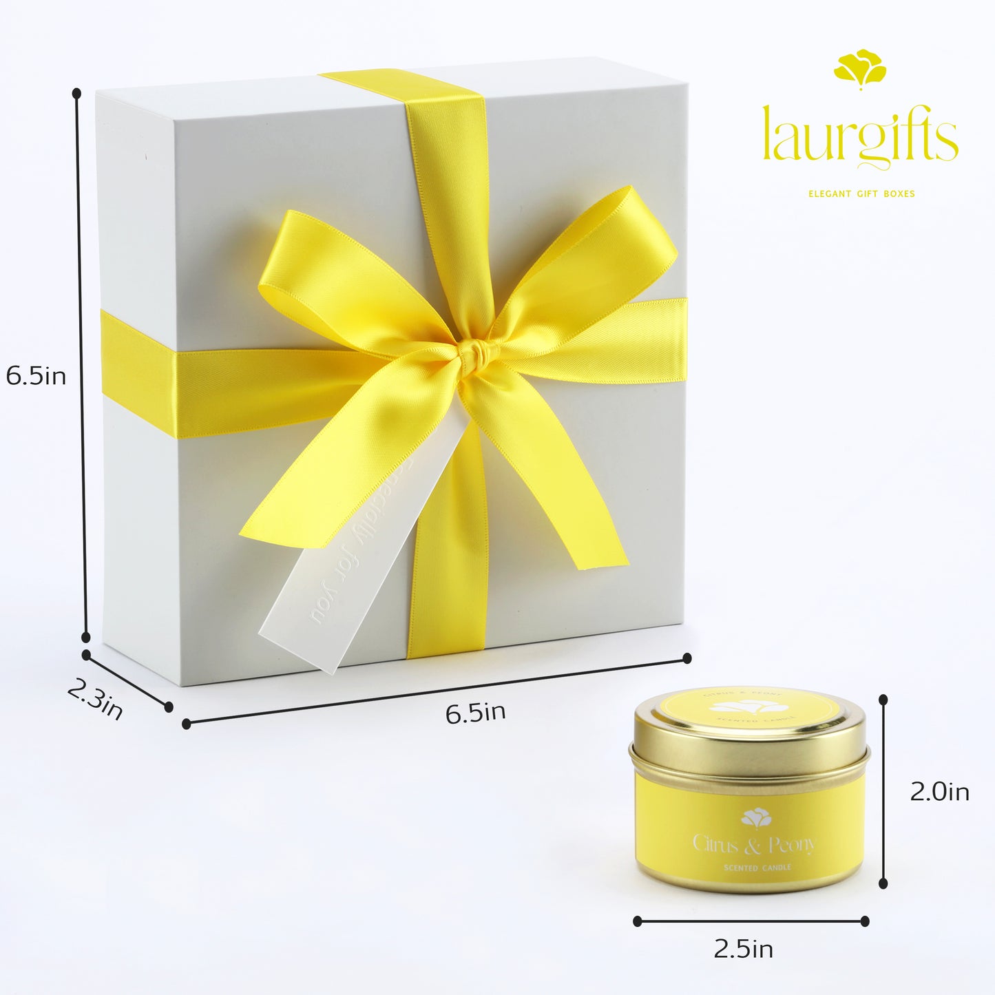 Gift box with yellow ribbon and dimensions, featuring Laurgifts branding.
