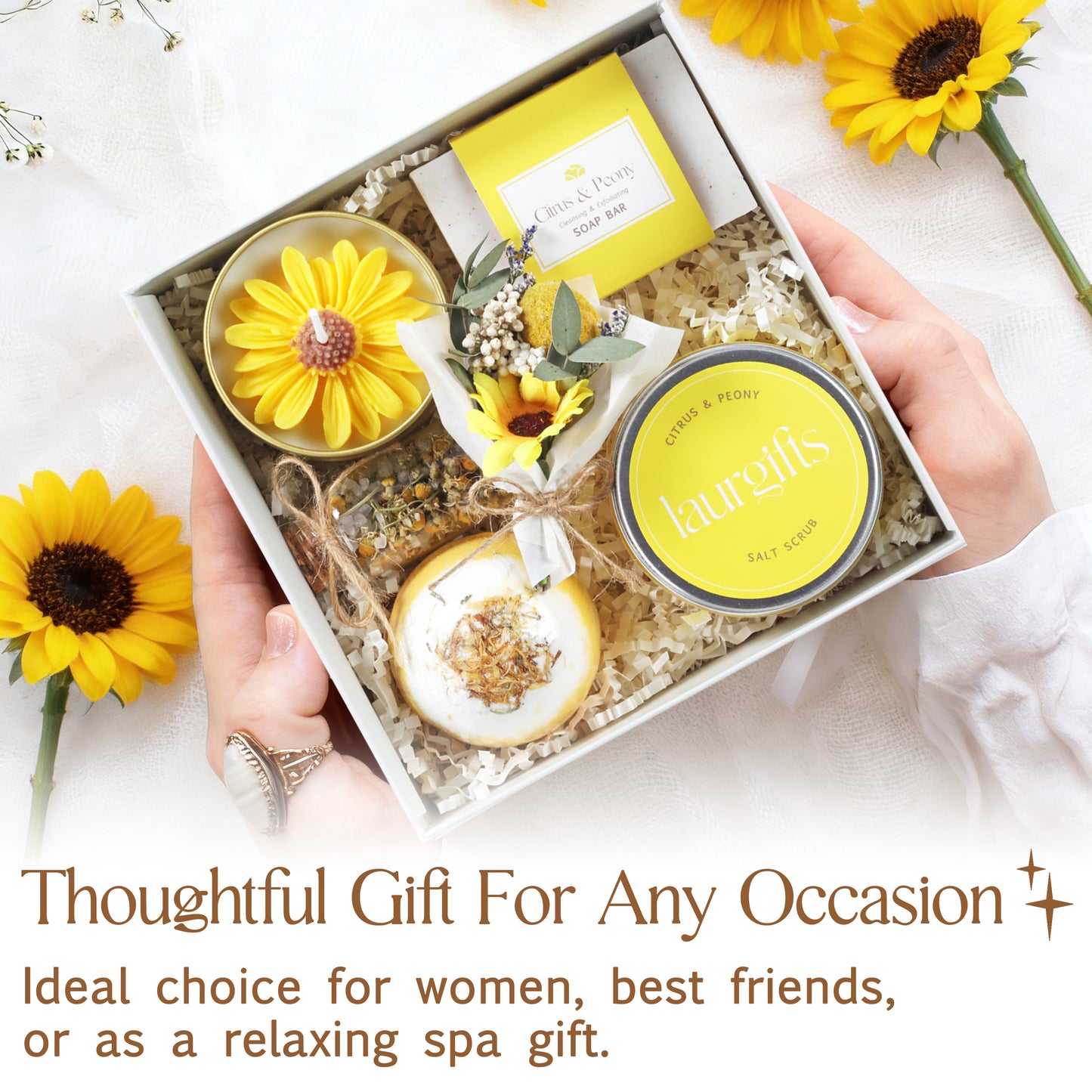 Gift set with yellow items and sunflowers, ideal for women or best friends.