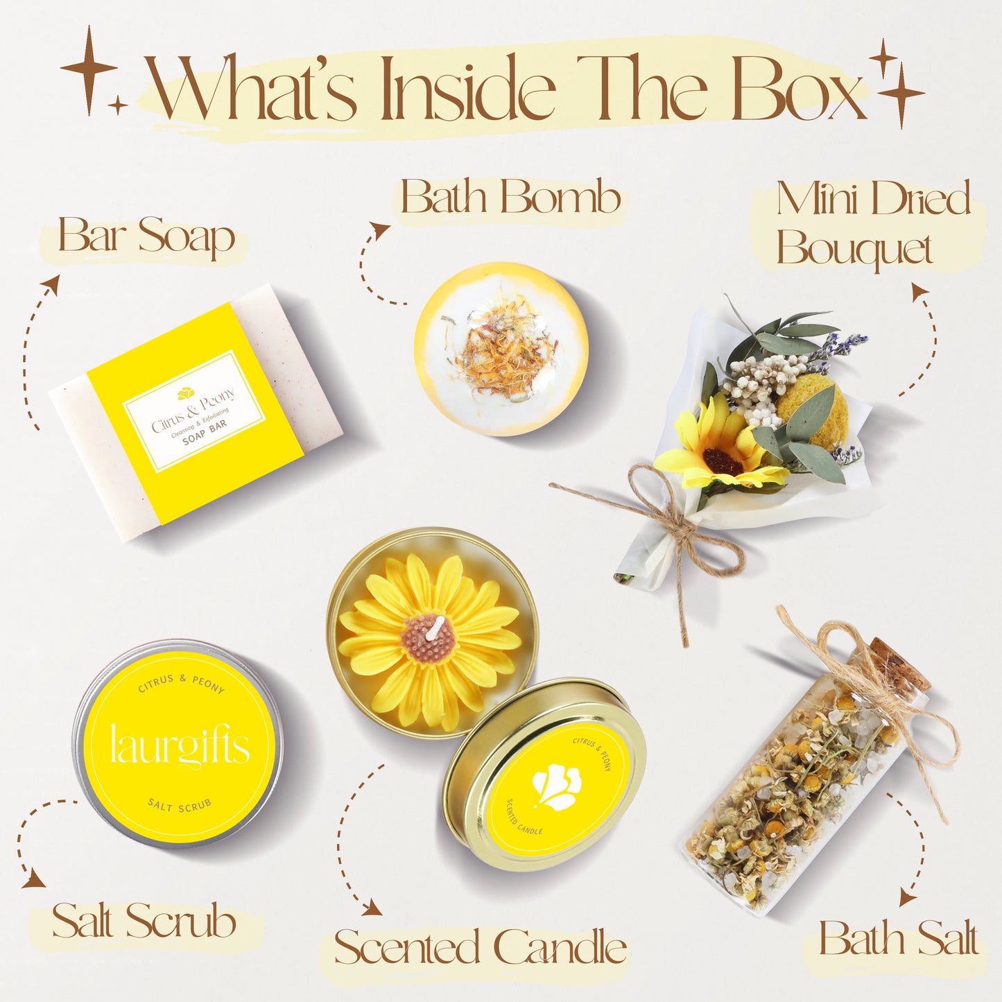 Collection of yellow-themed products including bar soap, bath bomb, mini dried bouquet, salt scrub, scented candle, and bath salt on a white background.