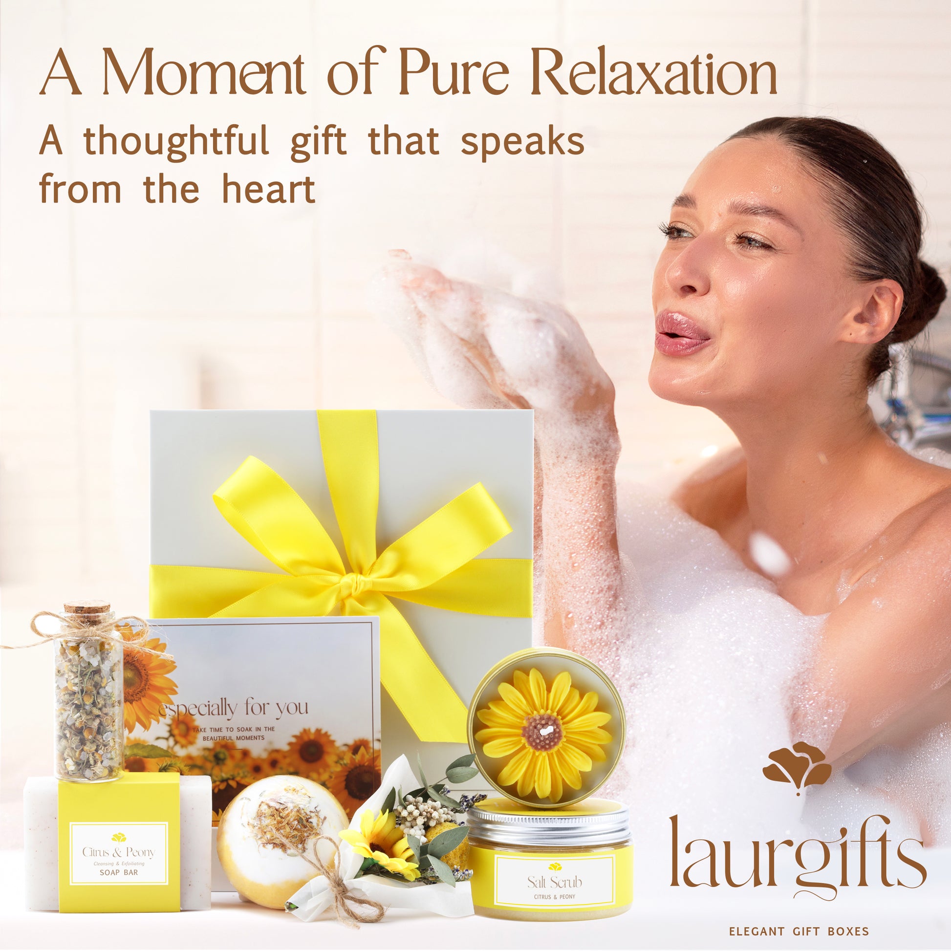 Woman in a bubble bath with Laurgifts gift set and products on a white background