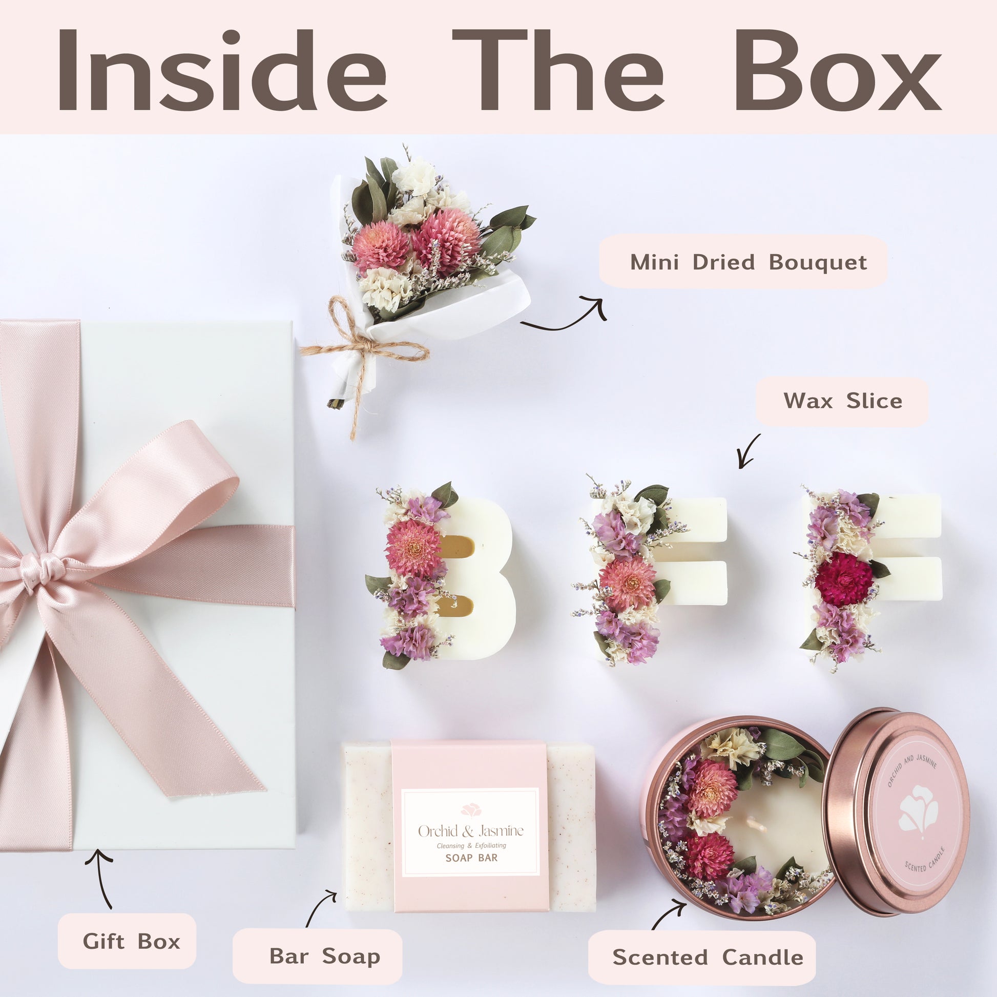 Inside the box – handmade candle, soap, wax melts, and bouquet