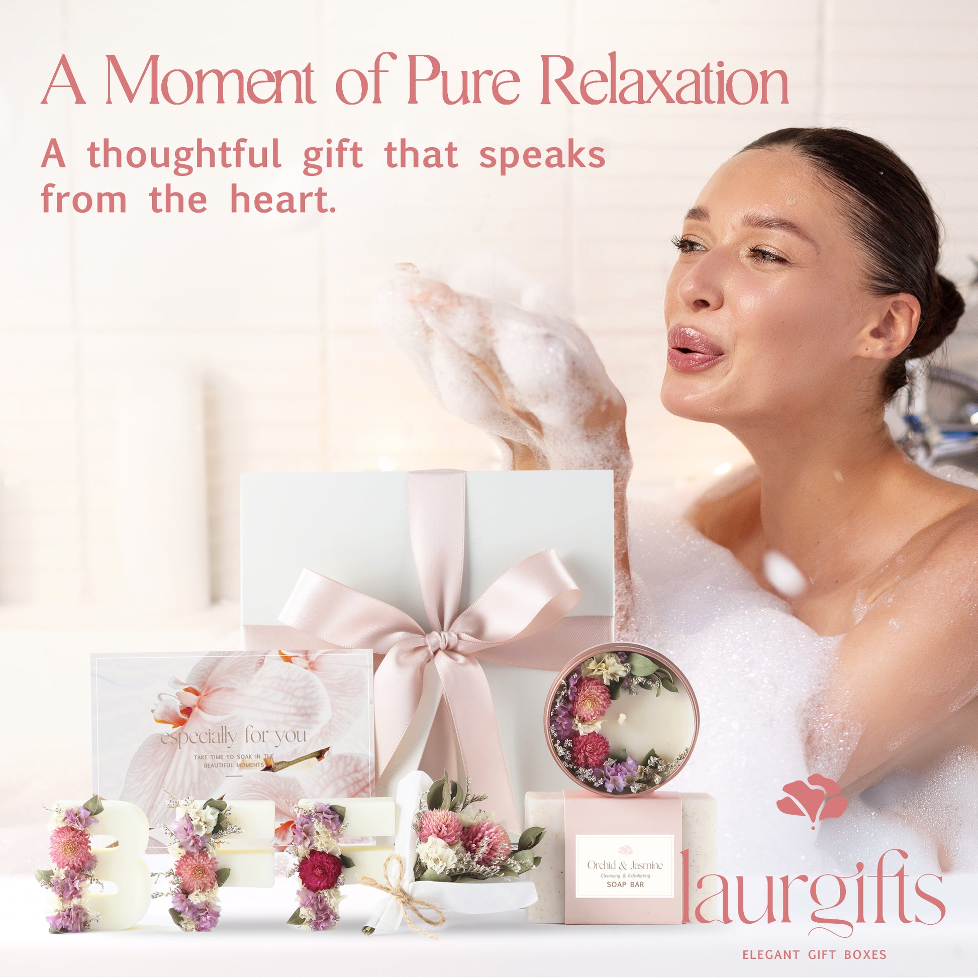 Woman relaxing at home with Orchid & Jasmine candle gift box