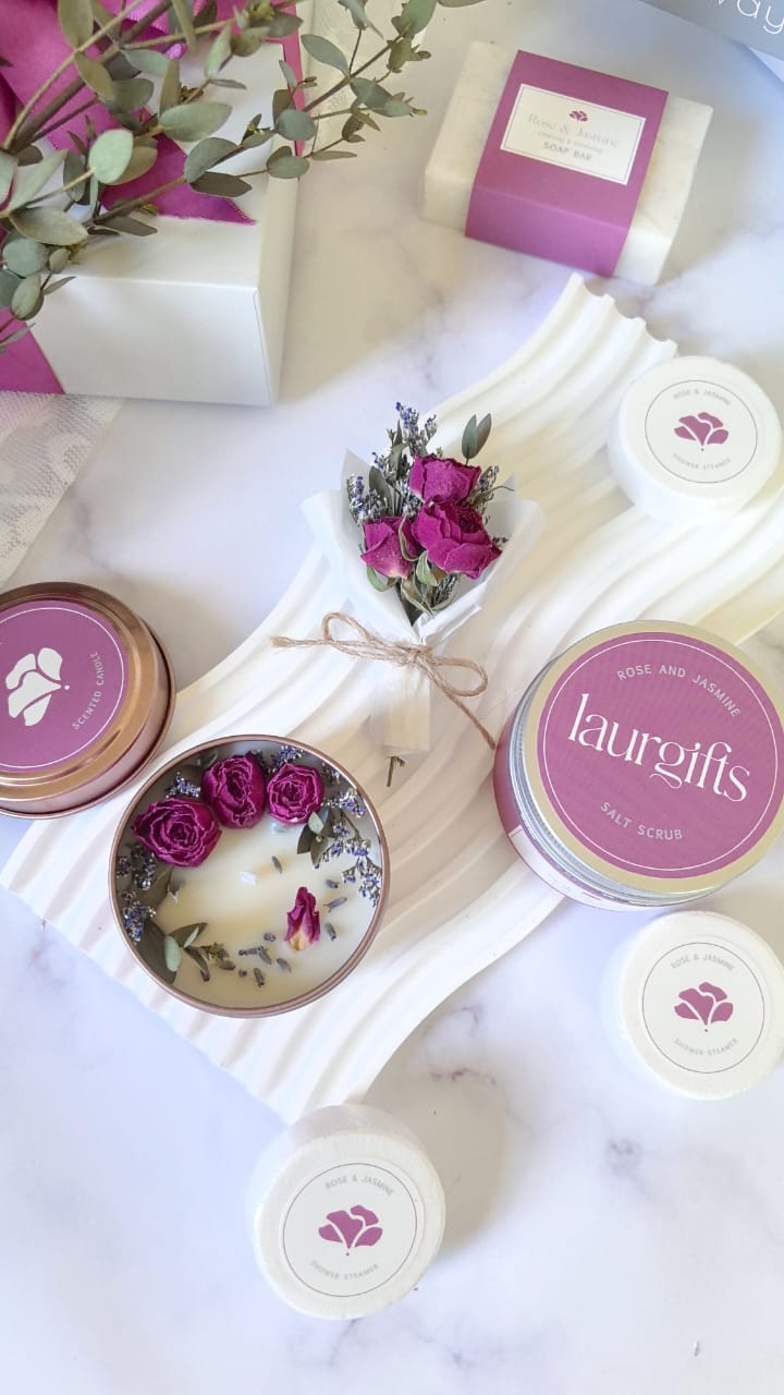 Beautifully styled rose and jasmine spa gift box with dried flowers and luxury packaging