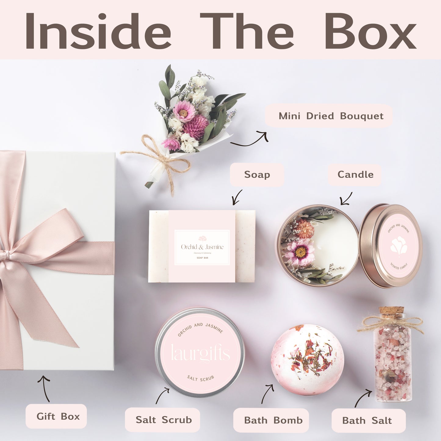 Inside look at floral gift box with candle and self-care products – perfect for Mother’s Day gifting