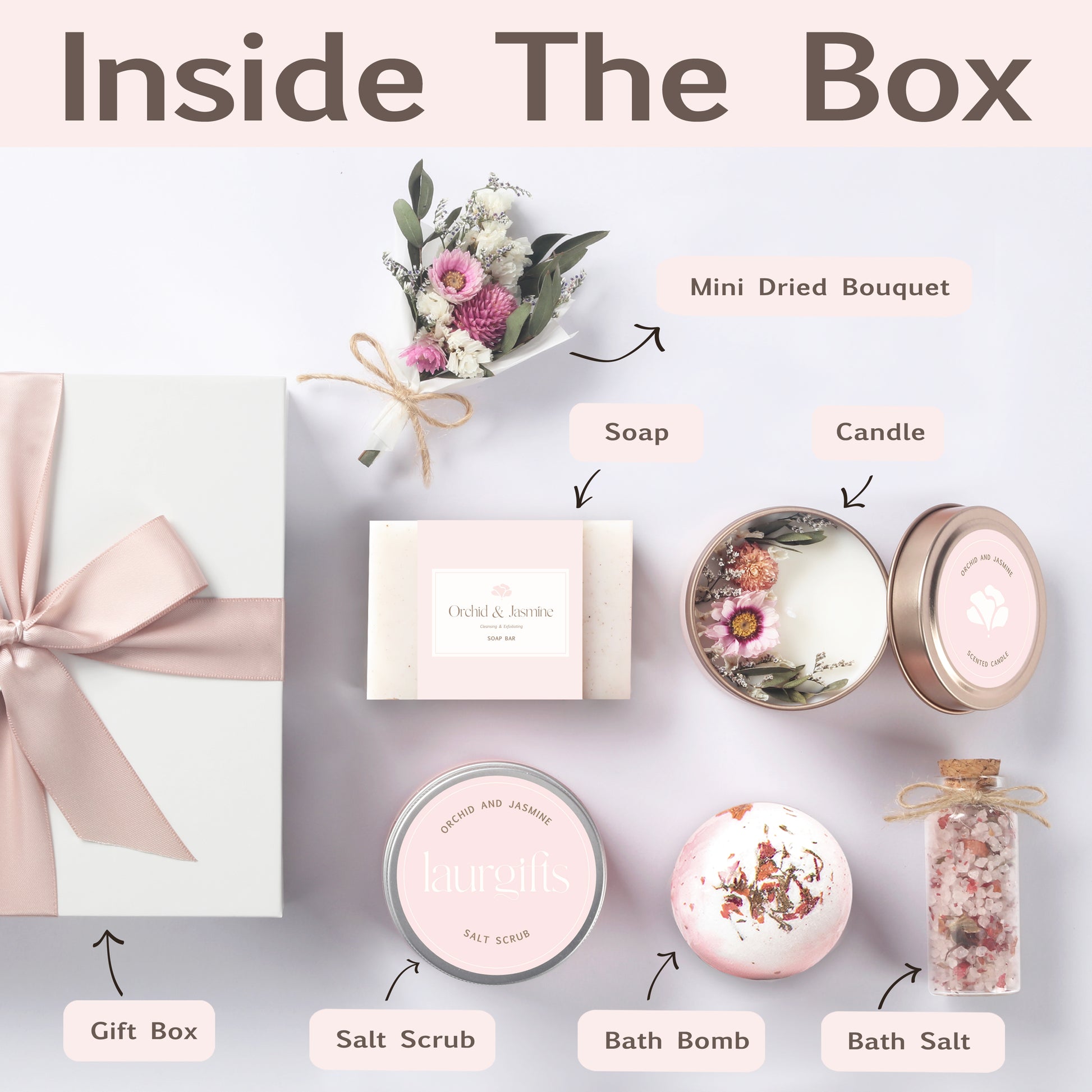 Inside look at floral gift box with candle and self-care products – perfect for Mother’s Day gifting