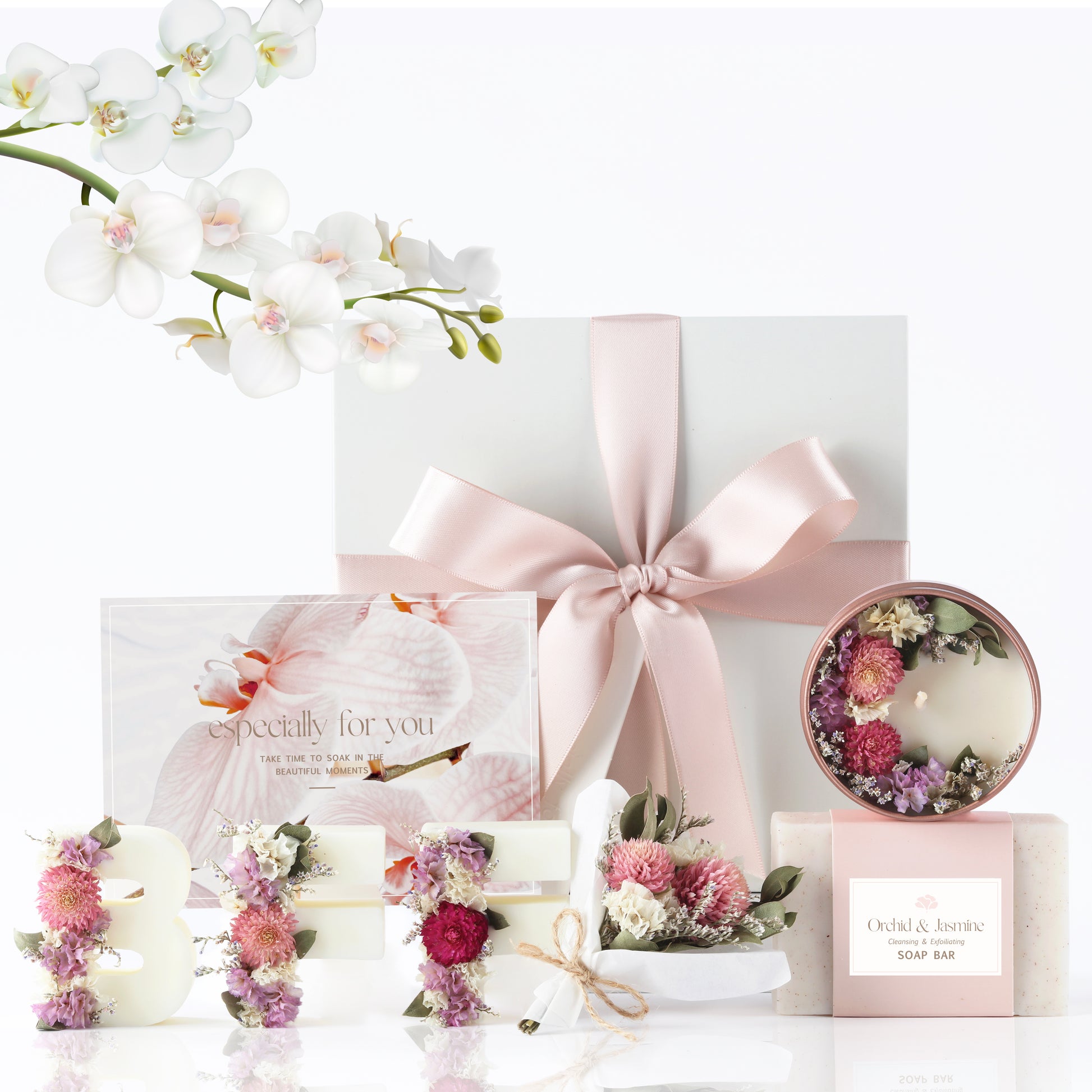 Luxury spa gift box with pink ribbon and dried flowers – best friend gift