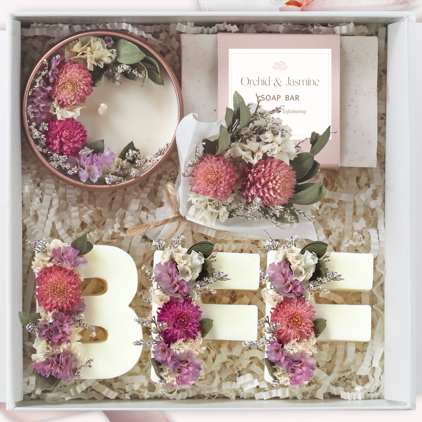 Orchid & Jasmine BFF spa gift box with candle, soap, wax melts, and flowers