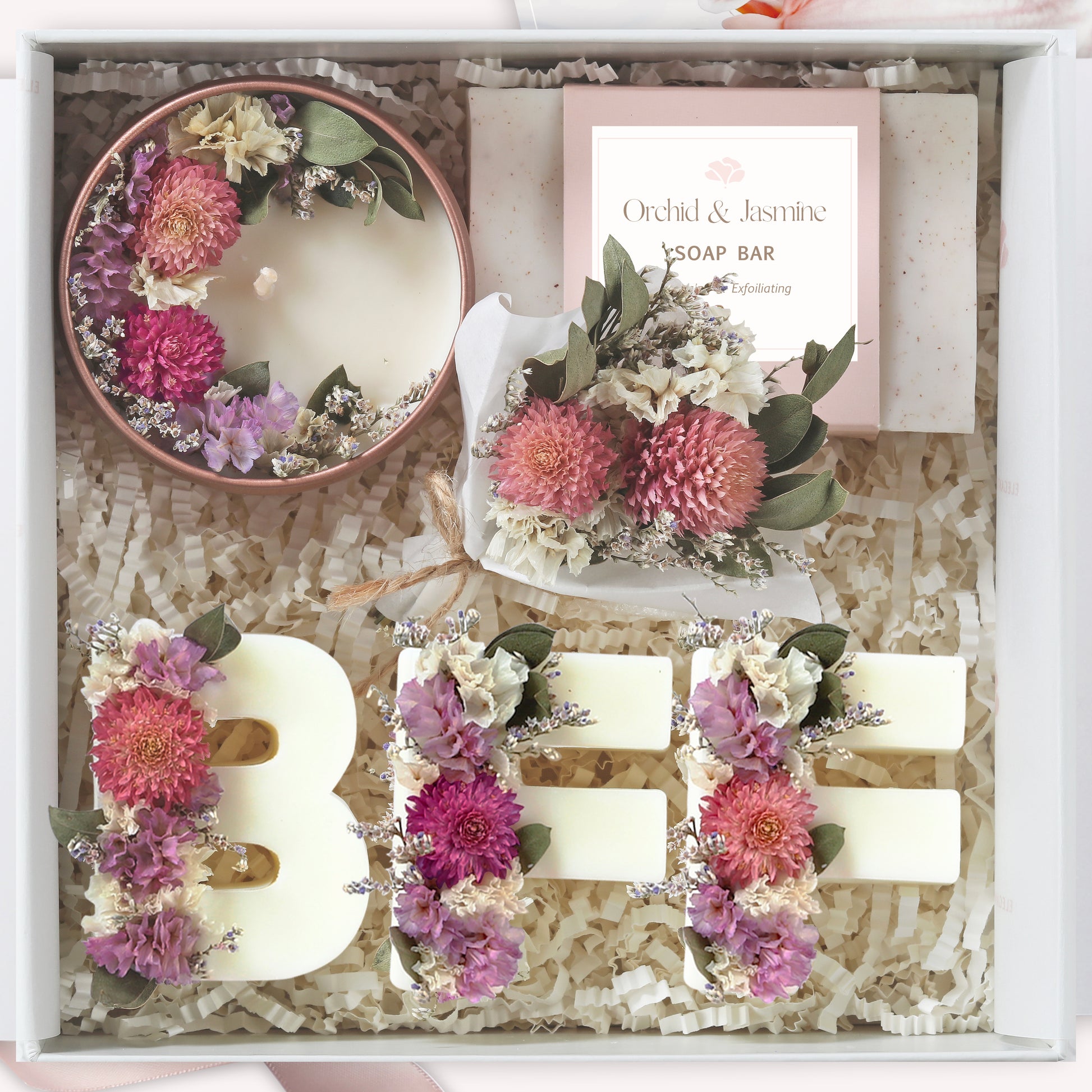 Orchid & Jasmine BFF spa gift box with candle, soap, wax melts, and flowers