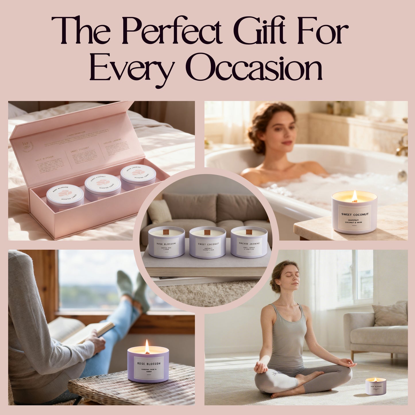 Collage of candles in various settings with text 'The Perfect Gift For Every Occasion'.