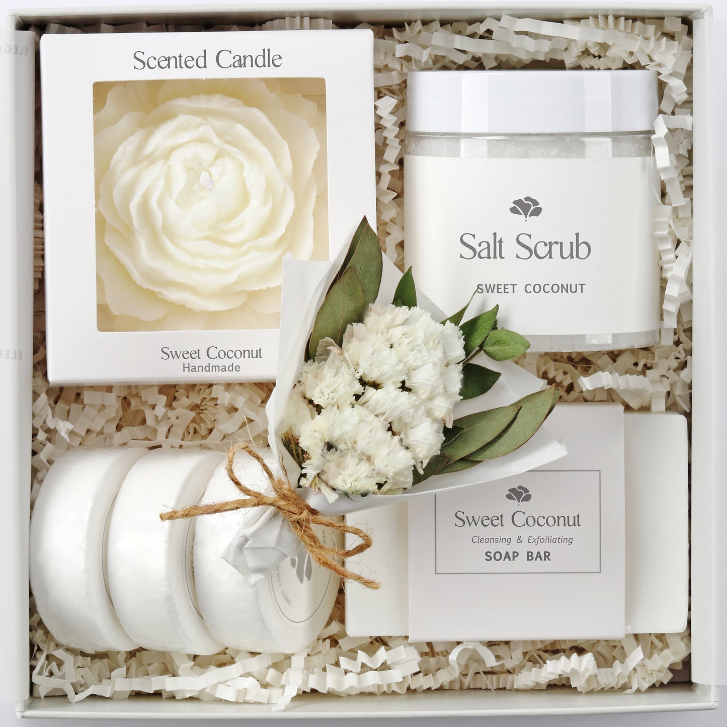 Sweet coconut gift box bridesmaid with candle, soap, salt scrub, shower steamers, and dried flowers