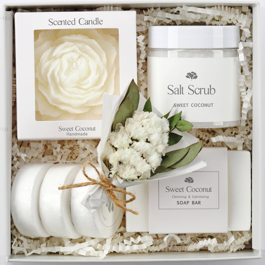 Sweet coconut gift box bridesmaid with candle, soap, salt scrub, shower steamers, and dried flowers