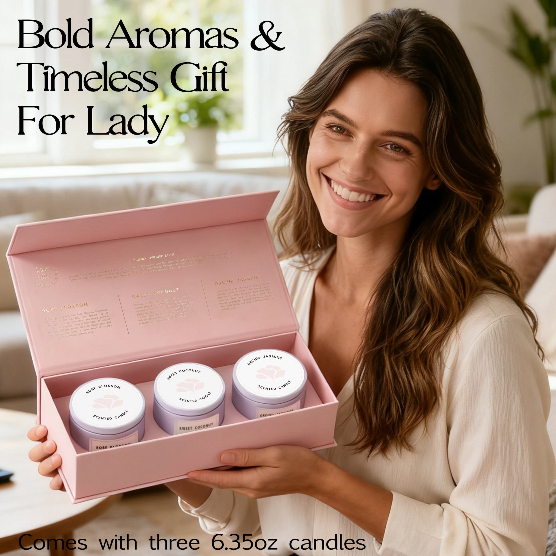 Woman opening pink candle gift set – thoughtful self-care gift